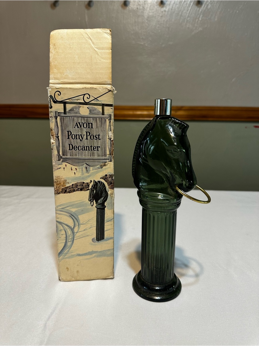 Avon Green Horse-Head Decanter with Ring Stopper